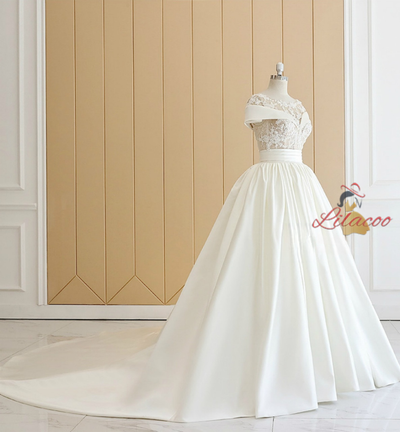 Beige White Satin Appliques Beading Wedding Dress