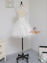 White Tulle Appliques Beading Homecoming Dress