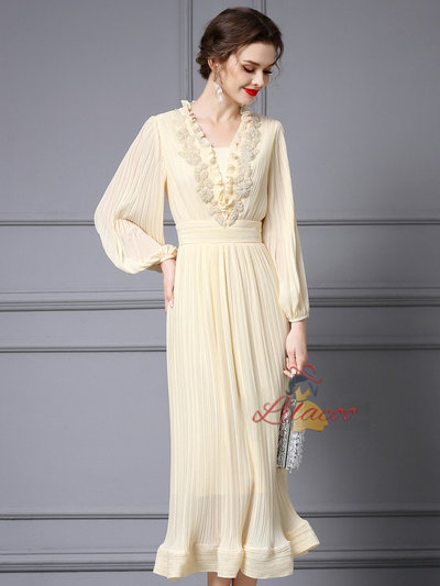 Long Sleeve Pleats Beading Mother Of The Bride Dress