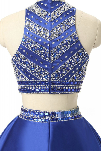 Royal Blue Two Piece Satin Beading Homecoming Dress