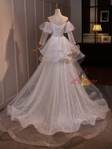 White Lace Tulle Long Sleeve Straps Wedding Dress