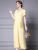 Yellow V-neck Pocket Mother of the Bride Dress