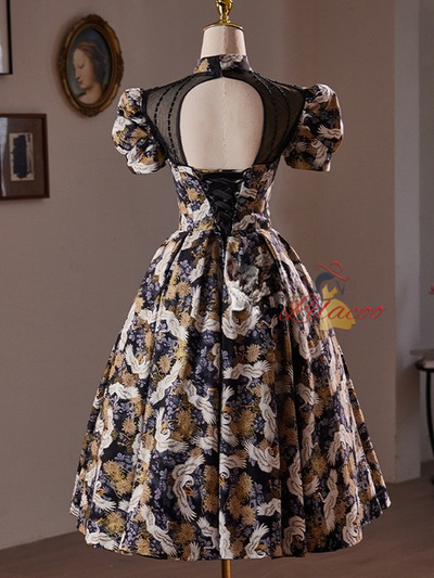 Black Puff Sleeve Backless Beading Homecoming Dress