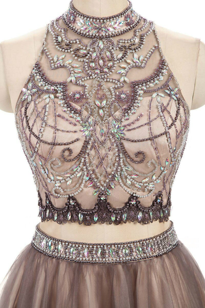 Two Piece Halter Beading Crystal Homecoming Dress