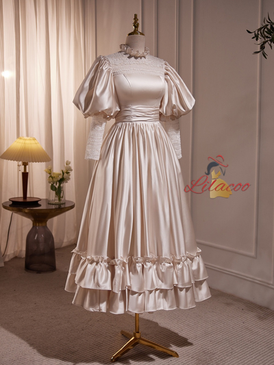 Champagne Satin Lace High Neck Wedding Dress