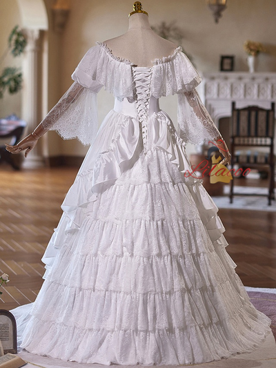 White Satin Lace Long Sleeve Wedding Dress