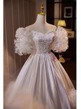 White Satin Off the Shoulder Appliques Wedding Dress
