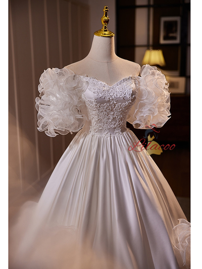 White Satin Off the Shoulder Appliques Wedding Dress