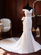 White Off the Shoulder Bow Wedding Dress