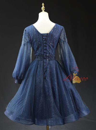 Navy Blue Sequins Long Sleeve Homecoming Dress