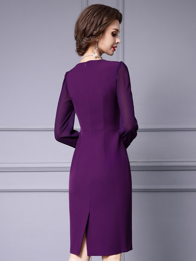 Purple V-neck Beading Long Sleeve Mother Of The Bride Dress