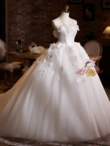 White Strapless Tulle 3D Flower Wedding Dress