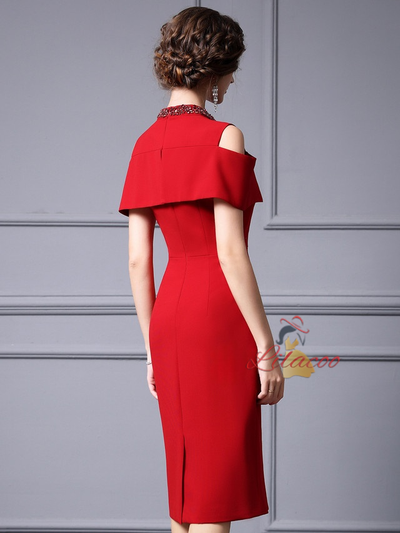 Red Short Sleeve High Neck Mother Of The Bride Dress