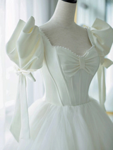 White Tulle Puff Sleeve Bow Wedding Dress
