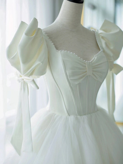 White Tulle Puff Sleeve Bow Wedding Dress