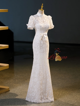 White Lace Short Sleeve Wedding Dress