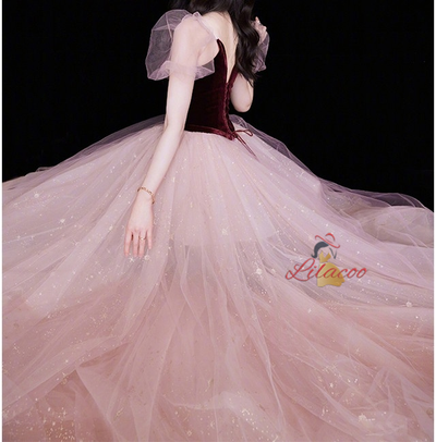 Pink Tulle Burgundy Velvet Puff Sleeve Prom Dress
