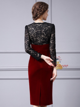 Burgundy Velvet Lace V-neck Mother Of The Bride Dress