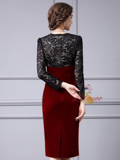 Burgundy Velvet Lace V-neck Mother Of The Bride Dress