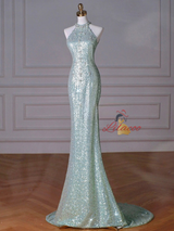 Green Mermaid Sequins Beading Backless Prom Dress