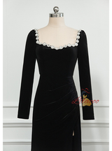 Black Long Sleeve Crystal Prom Dress