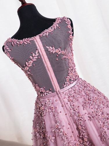 Pink Tulle Appliques Pearls Homecoming Dress