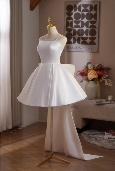 White Satin Spaghetti Straps Wedding Dress