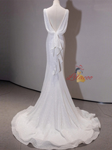 White Mermaid Straps Sequins Wedding Dress