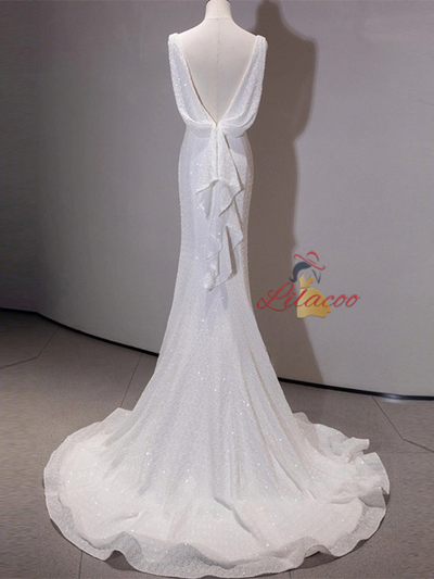 White Mermaid Straps Sequins Wedding Dress