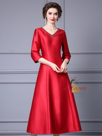 Red Satin V-neck Beading Mother Of The Bride Dress