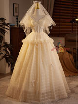 Champagne Tulle V-neck Beading Wedding Dress