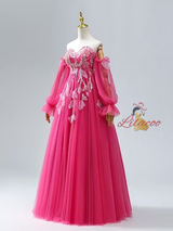 Fuchsia Long Sleeve Sequins Appliques Prom Dress