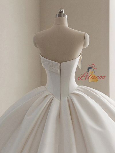 White Satin Appliques Strapless Wedding Dress