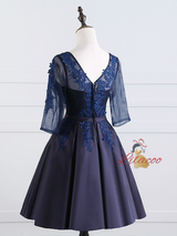 Navy Blue Satin Lace Short Sleeve Homecoming Dress