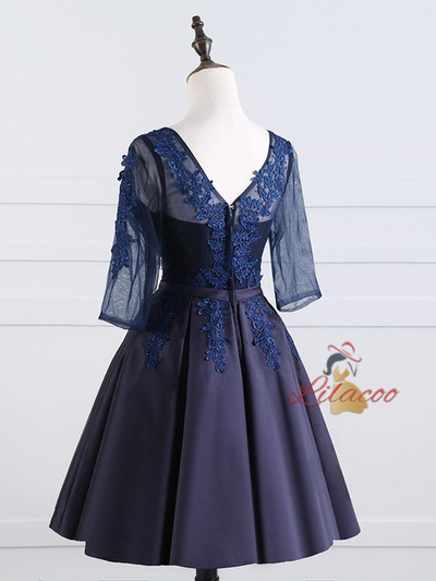 Navy Blue Satin Lace Short Sleeve Homecoming Dress