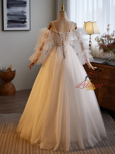 White Tulle Straps Lace Long Sleeve Wedding Dress