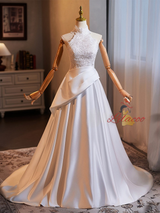 White Satin Lace High Neck Sleeveless Wedding Dress