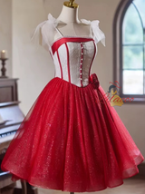 Red Tulle Sequins Straps Flower Homecoming Dress