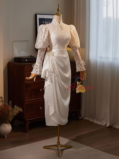White Lace Satin Long Sleeve Wedding Dress