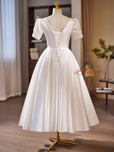 White Satin Square Neck Pearls Wedding Dress