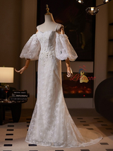 White Mermaid Lace Puff Sleeve Wedding Dress