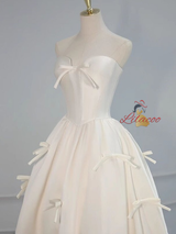 Simple White Satin Strapless Bow Wedding Dress
