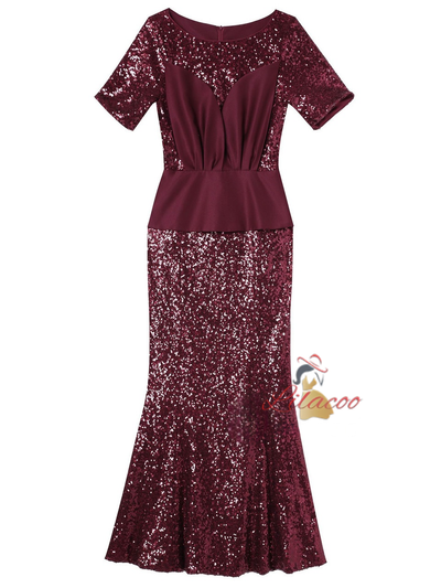 Burgundy Sequins Short Sleeve Mother Of The Bride Dress
