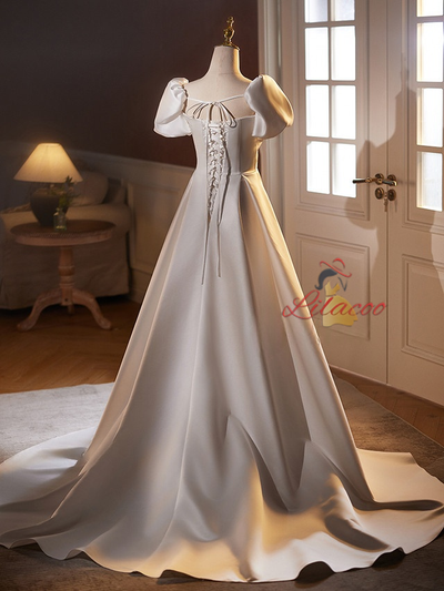 White Satin Puff Sleeve Pleats Wedding Dress