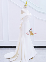 White Mermaid Pleats Bow Wedding Dress