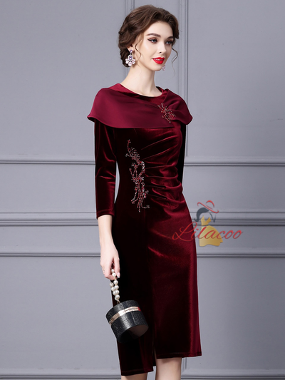 Burgundy Velvet Pleats Beading Mother Of The Bride Dress