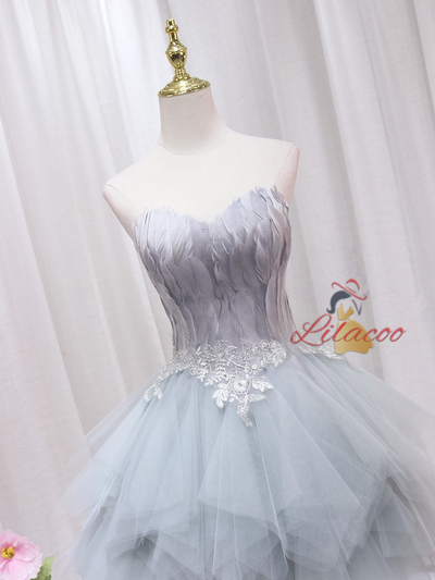 Gray Tulle Feather Appliques Homecoming Dress