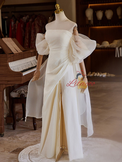 Simple Ivory Strapless Split Pleats Wedding Dress