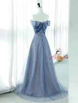 Blue Tulle Sequins Velvet Pleats Prom Dress