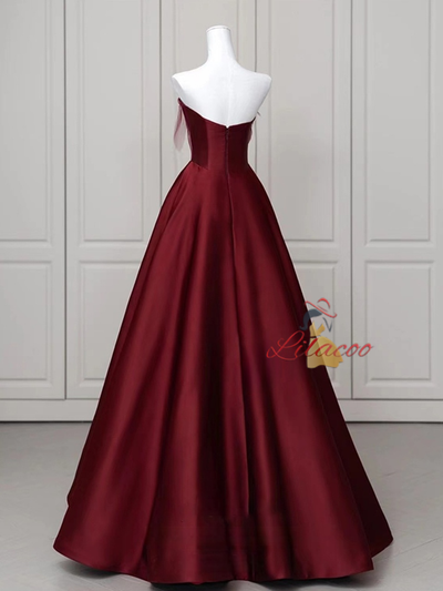 Burgundy Satin Strapless Prom Dress